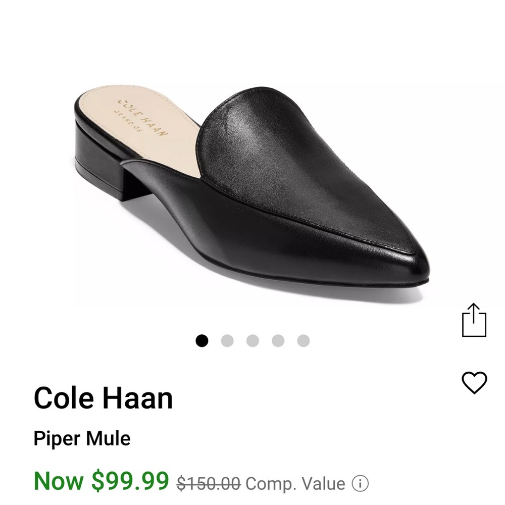 Cole Haan Black Leather Mules Sleek Pointed Toe